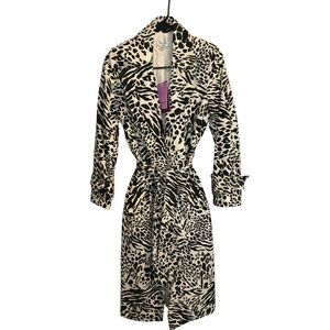 584 Sergio Hudson Animal Print Belted Trench Coat Black Cream Statement Jacket
